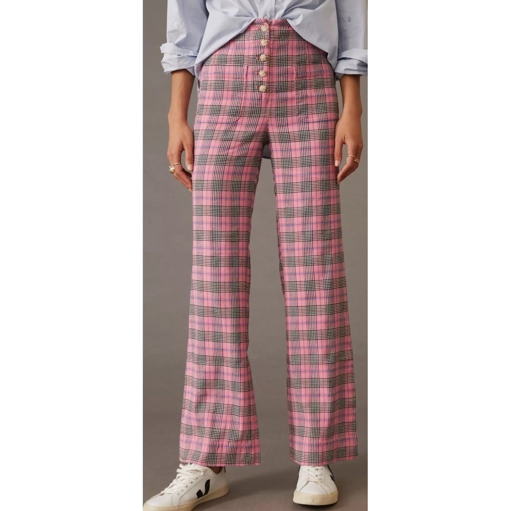 MAEVE By ANTHROPOLOGY Size 12 NWT  Wide Leg Pink Plaid Pants Button Fly